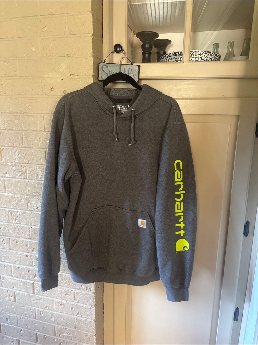 Carhartt Men's Charcoal Gray Pullover Hoodie With Neon Yellow Sleeve Logo